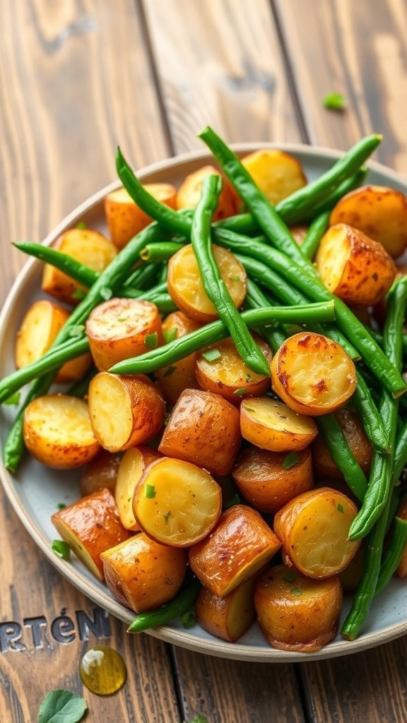 Crispy air fryer potatoes and green beans served on a plate, garnished with herbs.